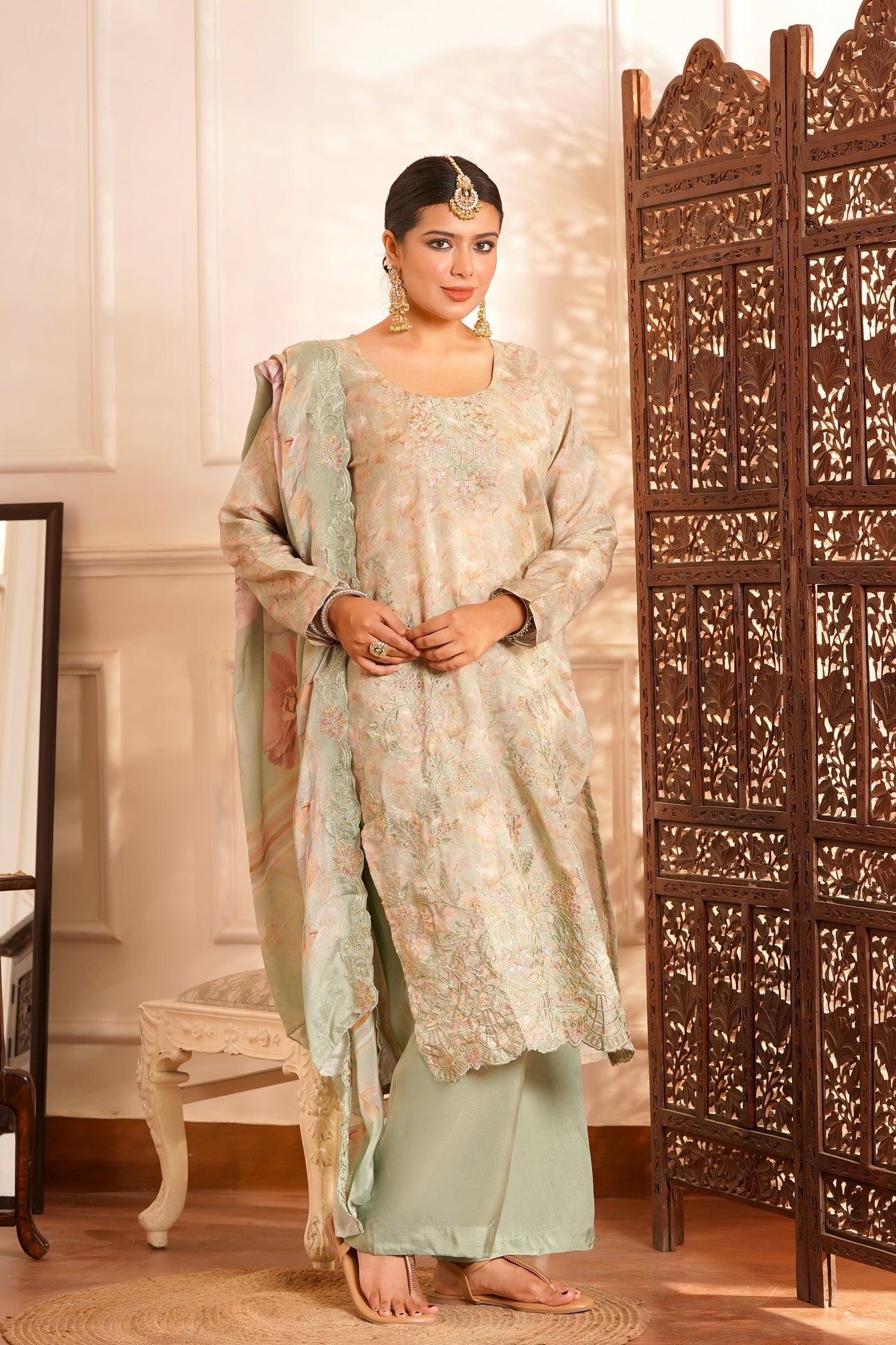 The Zariyah Floral Muslin Set- Muslin Silk Print with thread  Zari work - Pale Greenish