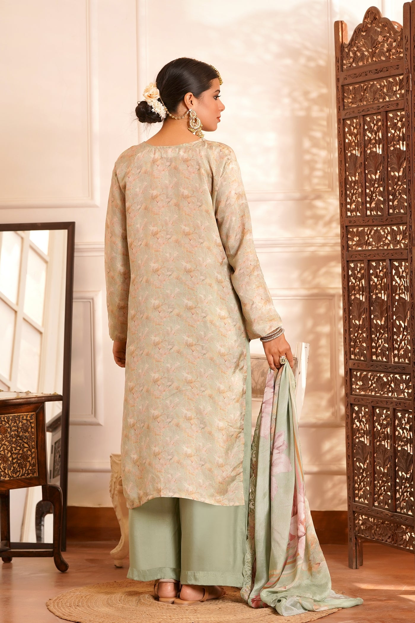 The Zariyah Floral Muslin Set- Muslin Silk Print with thread  Zari work - Pale Greenish