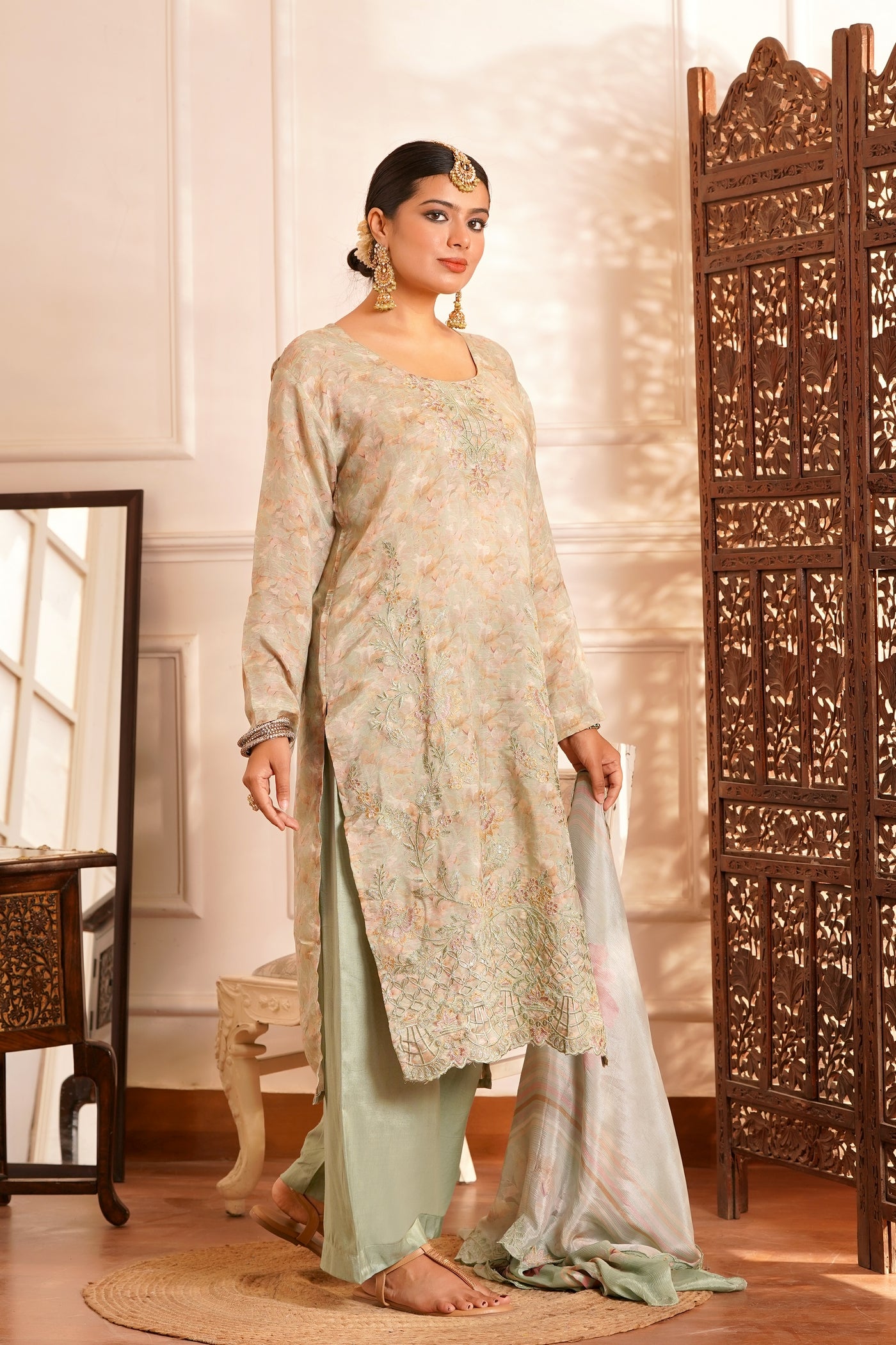 The Zariyah Floral Muslin Set- Muslin Silk Print with thread  Zari work - Pale Greenish