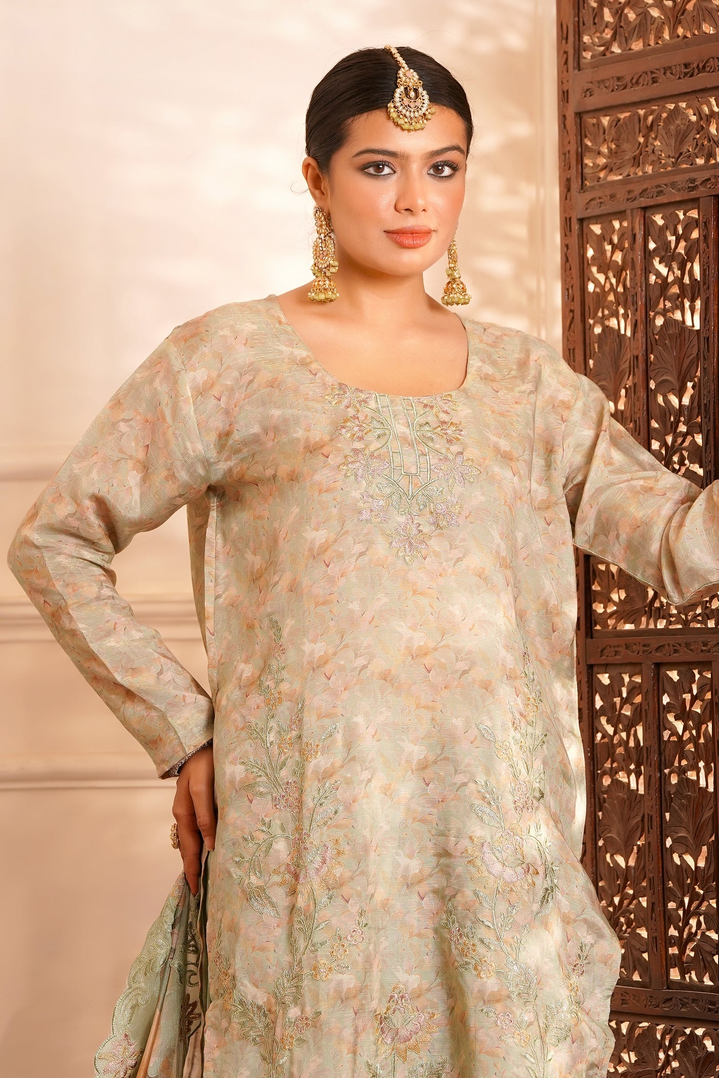 The Zariyah Floral Muslin Set- Muslin Silk Print with thread  Zari work - Pale Greenish