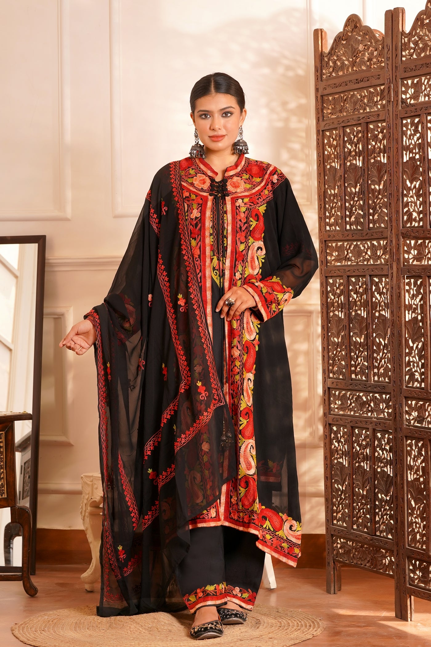 Modern Luxury- Cotton Chiffon AARI work 3pc shrug set - Ivory Mint