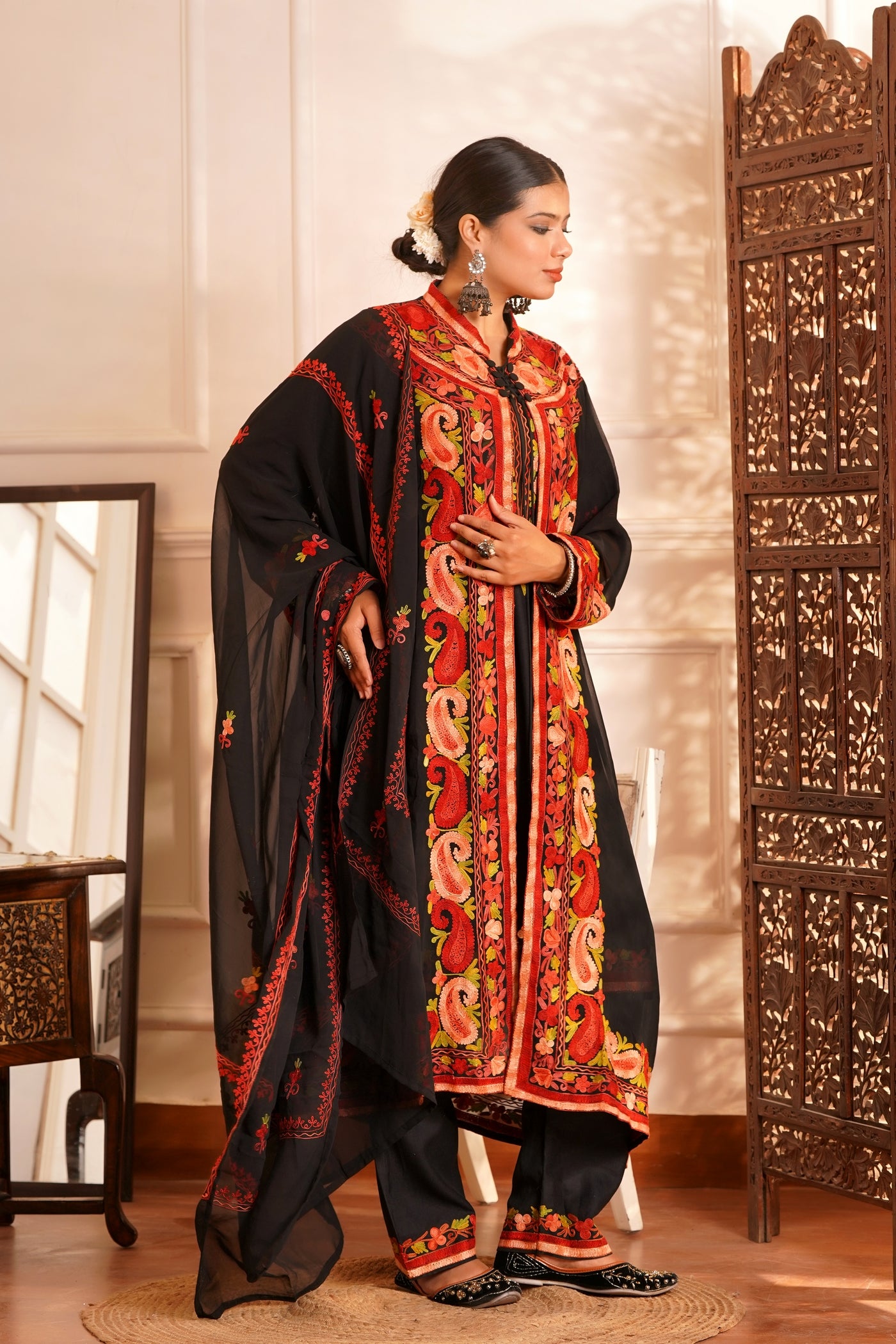 Modern Luxury- Cotton Chiffon AARI work 3pc shrug set - Ivory Mint