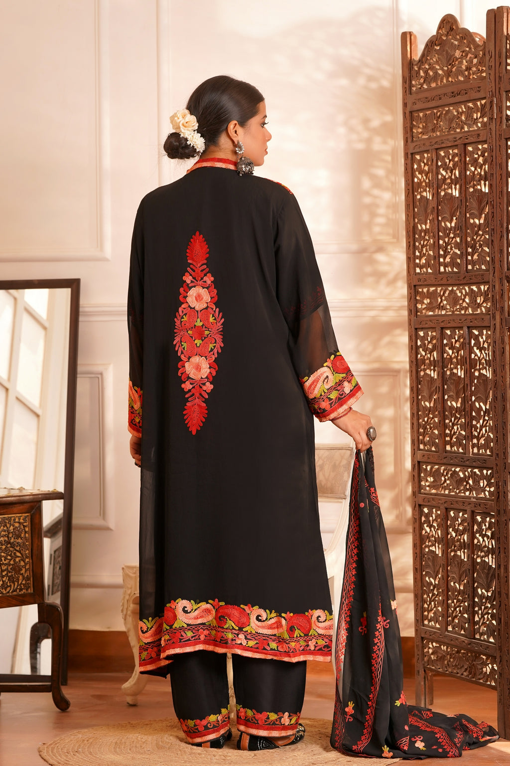 Modern Luxury- Cotton Chiffon AARI work 3pc shrug set - Ivory Mint