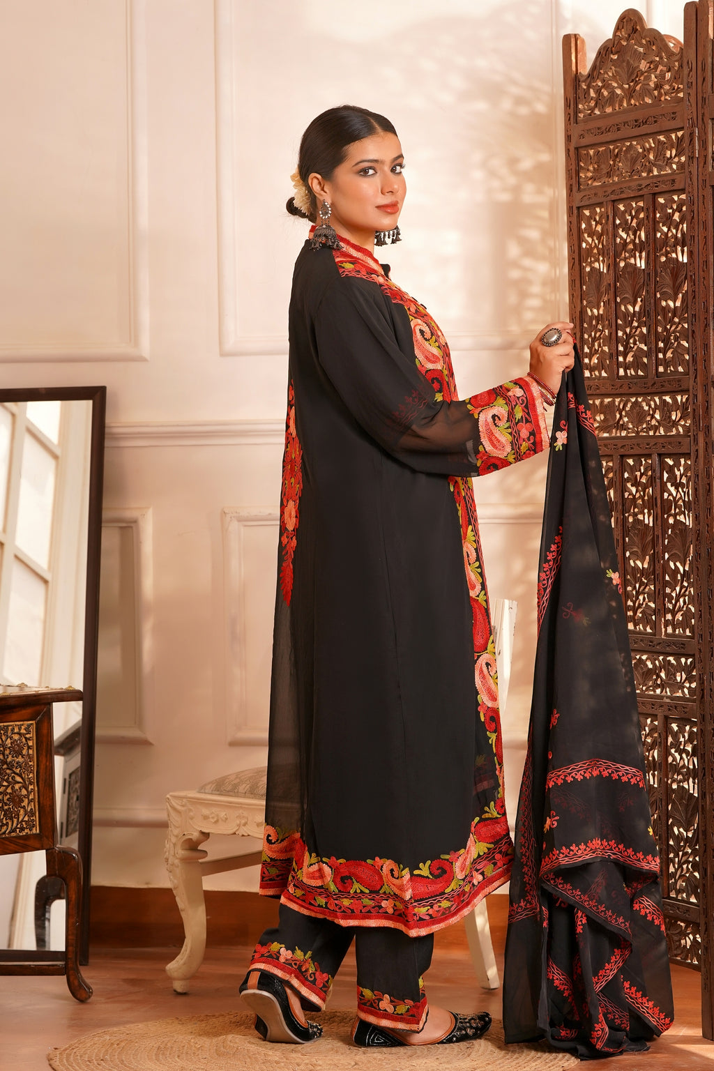 Modern Luxury- Cotton Chiffon AARI work 3pc shrug set - Ivory Mint