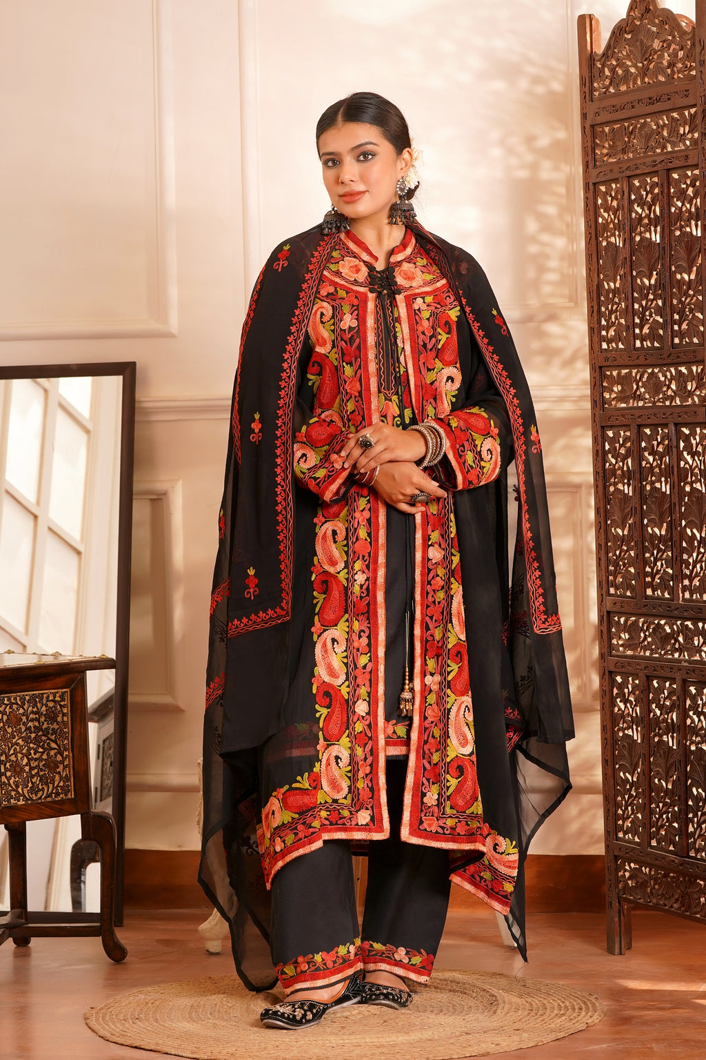 Modern Luxury- Cotton Chiffon AARI work 3pc shrug set - Ivory Mint