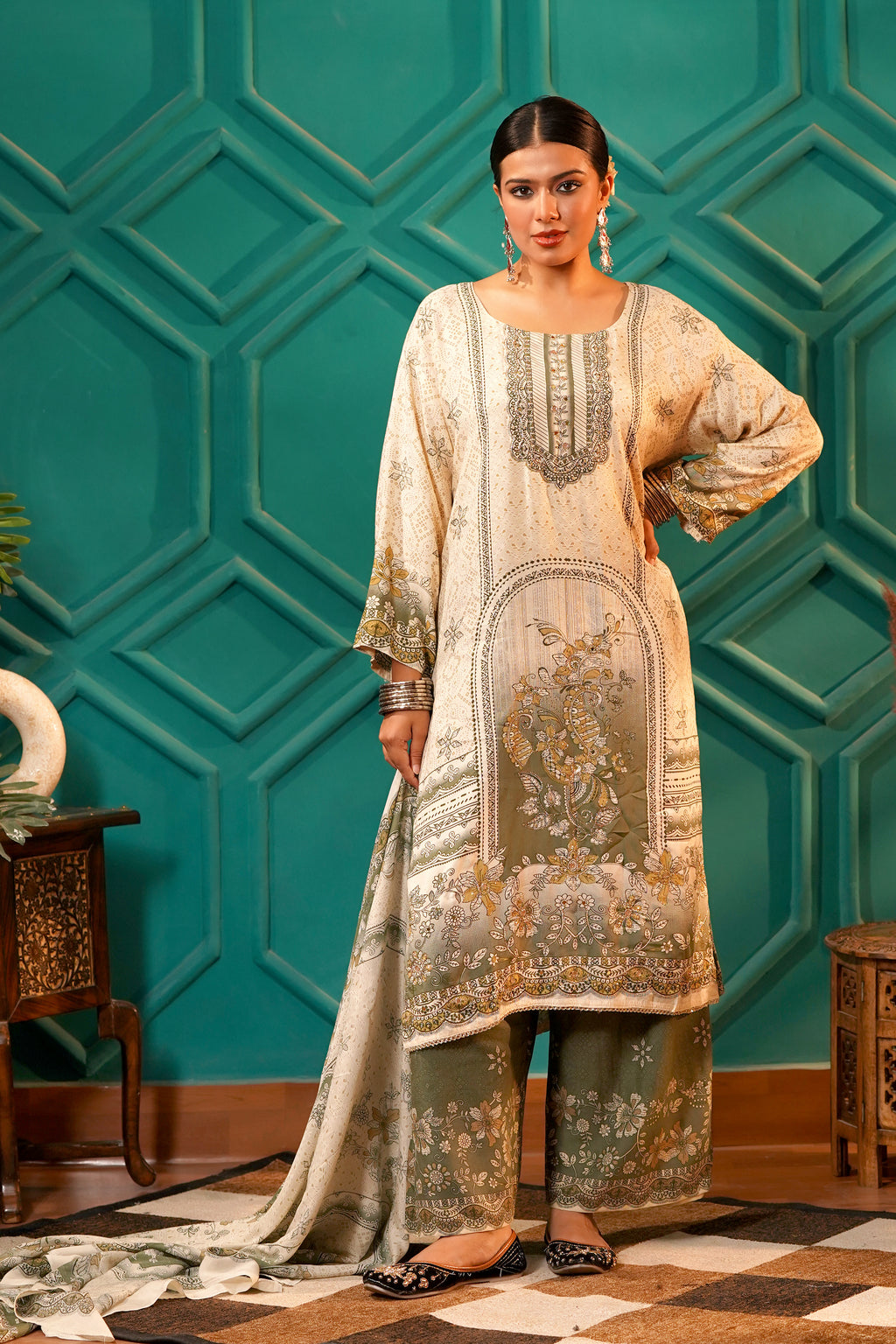 Poetic & Heritage- Kashmiri Muslin Silk Print & Zari work sequence-3pc - Olive Sage