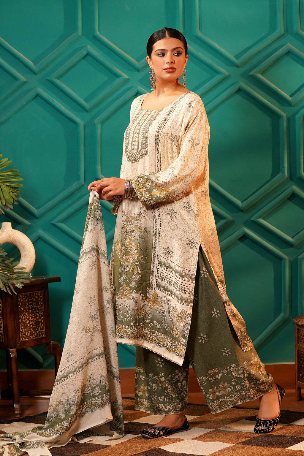 Poetic & Heritage- Kashmiri Muslin Silk Print & Zari work sequence-3pc - Olive Sage