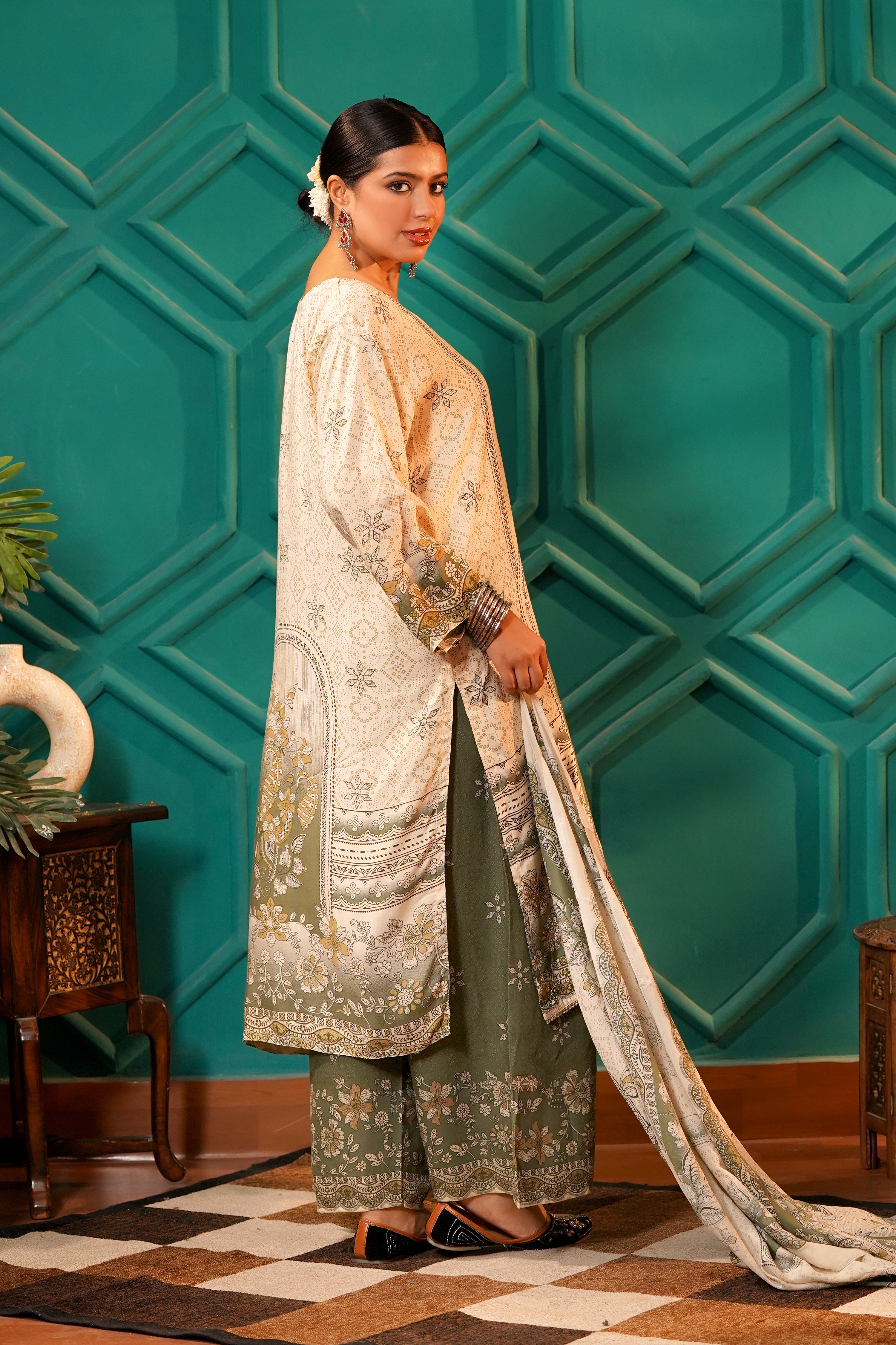 Poetic & Heritage- Kashmiri Muslin Silk Print & Zari work sequence-3pc - Olive Sage