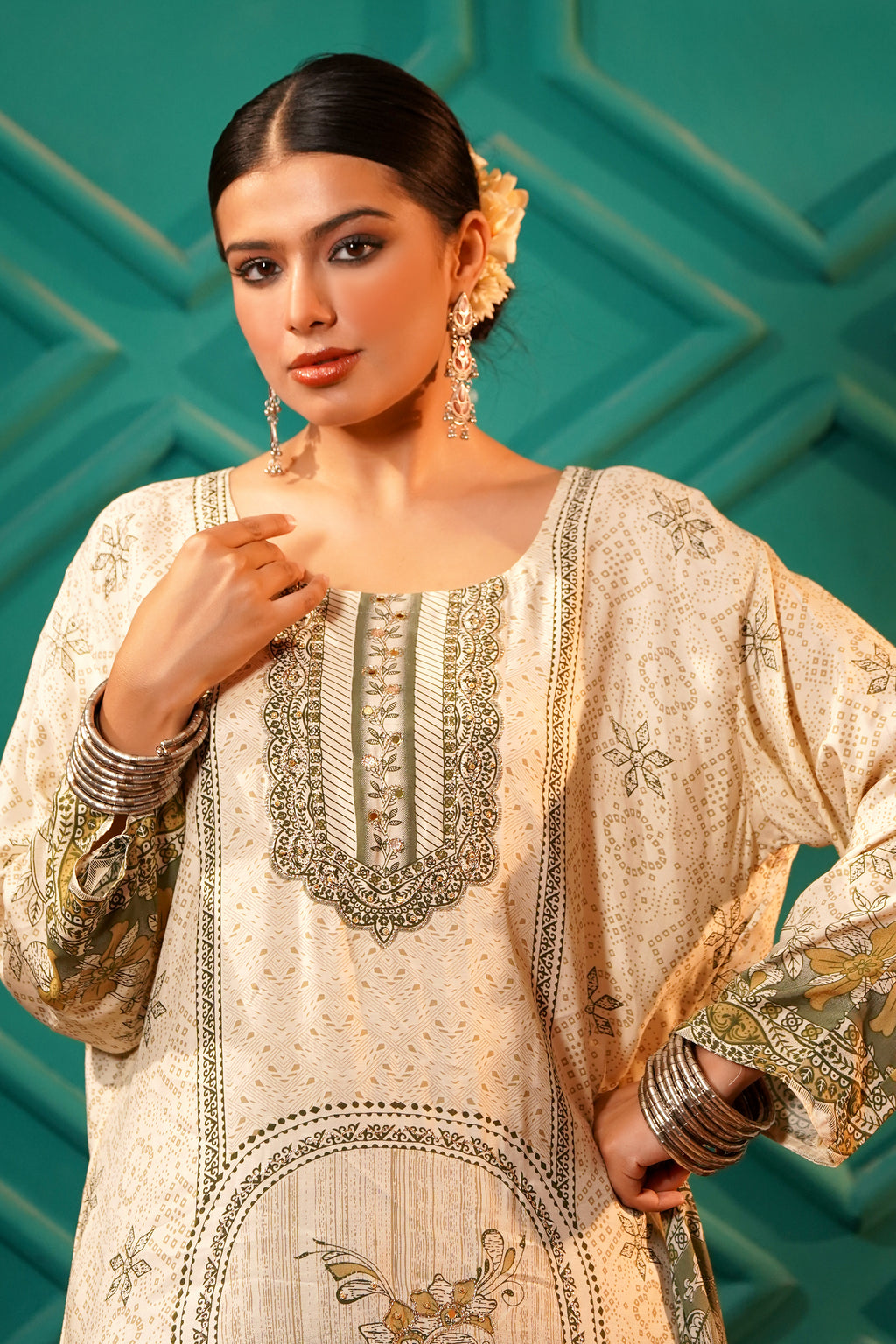 Poetic & Heritage- Kashmiri Muslin Silk Print & Zari work sequence-3pc - Olive Sage