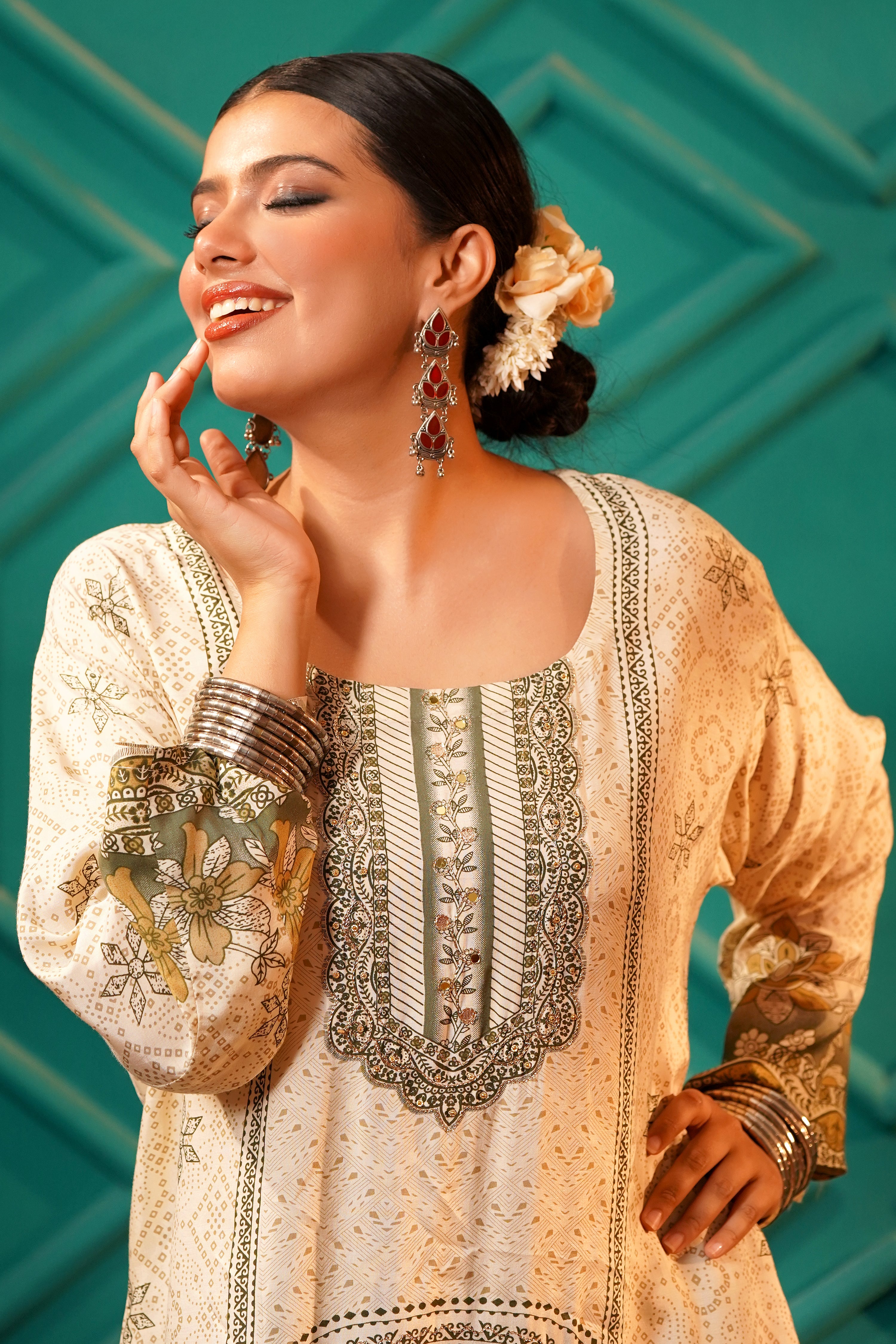 Poetic & Heritage- Kashmiri Muslin Silk Print & Zari work sequence-3pc - Olive Sage