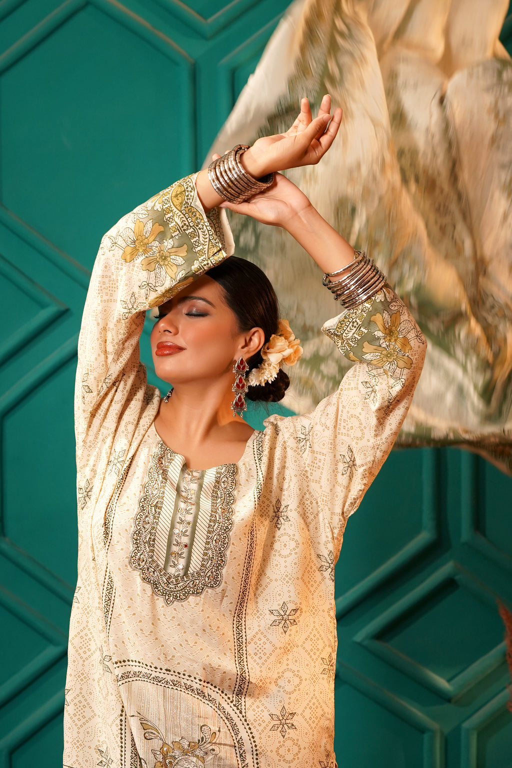 Poetic & Heritage- Kashmiri Muslin Silk Print & Zari work sequence-3pc - Olive Sage