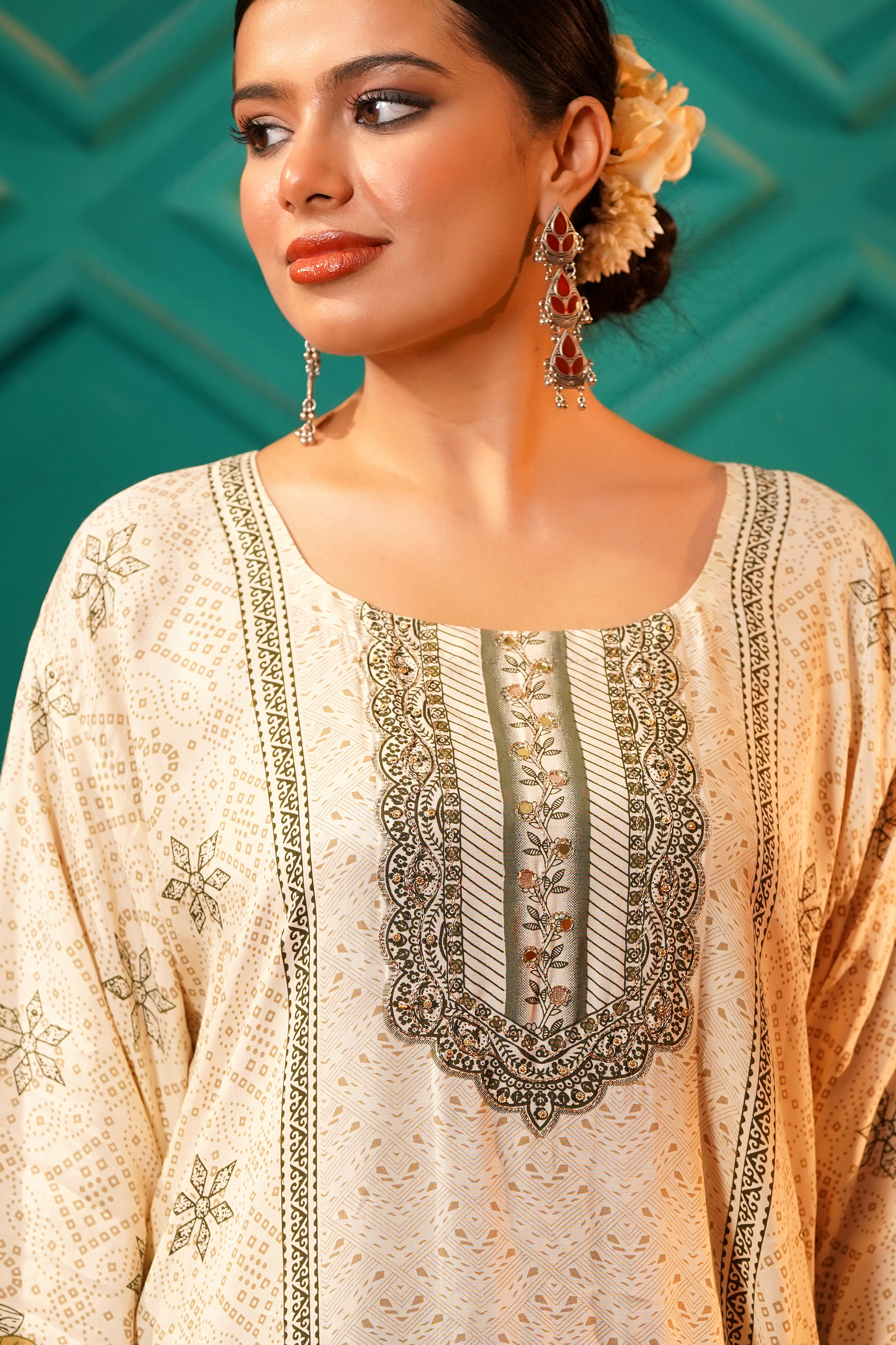 Poetic & Heritage- Kashmiri Muslin Silk Print & Zari work sequence-3pc - Olive Sage