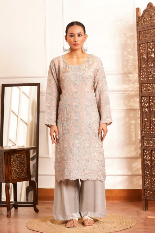 The Zariyah Floral Muslin Set- Muslin Silk Print with thread  Zari work