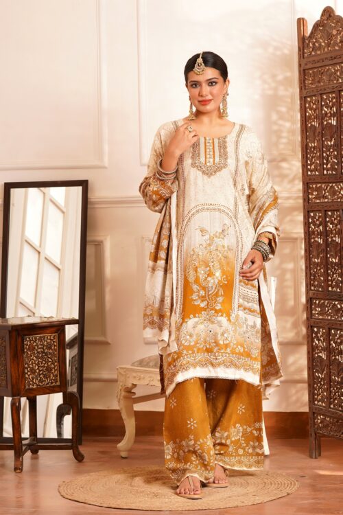 Poetic & Heritage- Kashmiri Muslin Silk Print & Zari work sequence-3pc