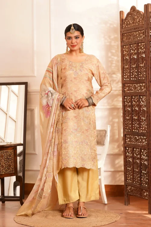 The Zariyah Floral Muslin Set- Muslin Silk Print with thread  Zari work